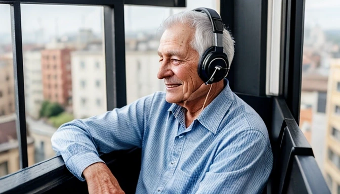 old man enjoy headphone music