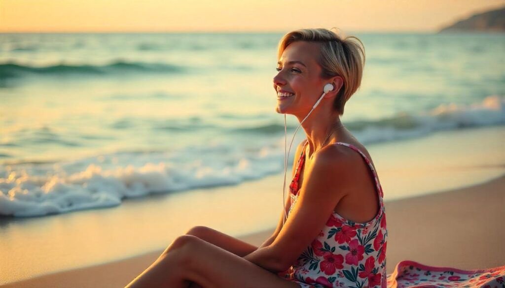 a woman enjoy music on beach